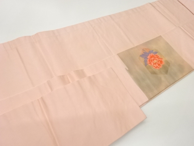  牡丹に扇・亀甲模様織出し名古屋帯